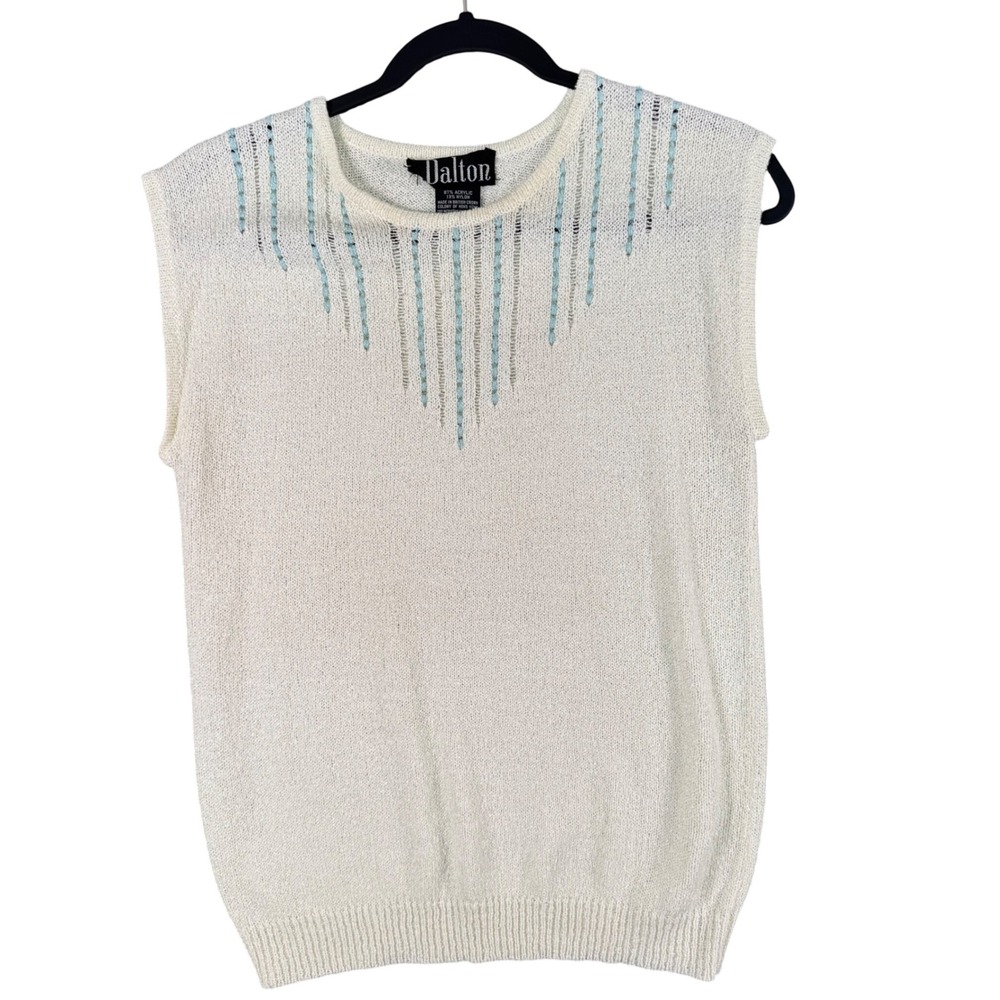 Mid Century Dalton Ivory Beaded Knit Shell Sleeveless Top 10–12 Quiet Luxury